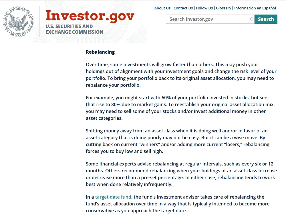 Investor.gov (امریکی SEC) کے Asset Allocation and Diversification صفحے کا Rebalancing حصہ، جس میں 60 فیصد سے 80 فیصد ہو جانے والے حصص کی مثال اور کچھ حصص بیچنے یا دوسرے حصوں میں اضافی رقم لگانے کا ذکر ہے
