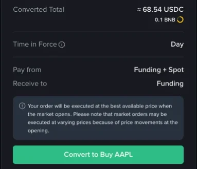 Binance Stocks کی حقیقی order اسکرین کا محفوظ حصہ، جس میں Funding اور Spot سے ادائیگی، وصولی کا wallet اور market-order warning دکھائی گئی ہے