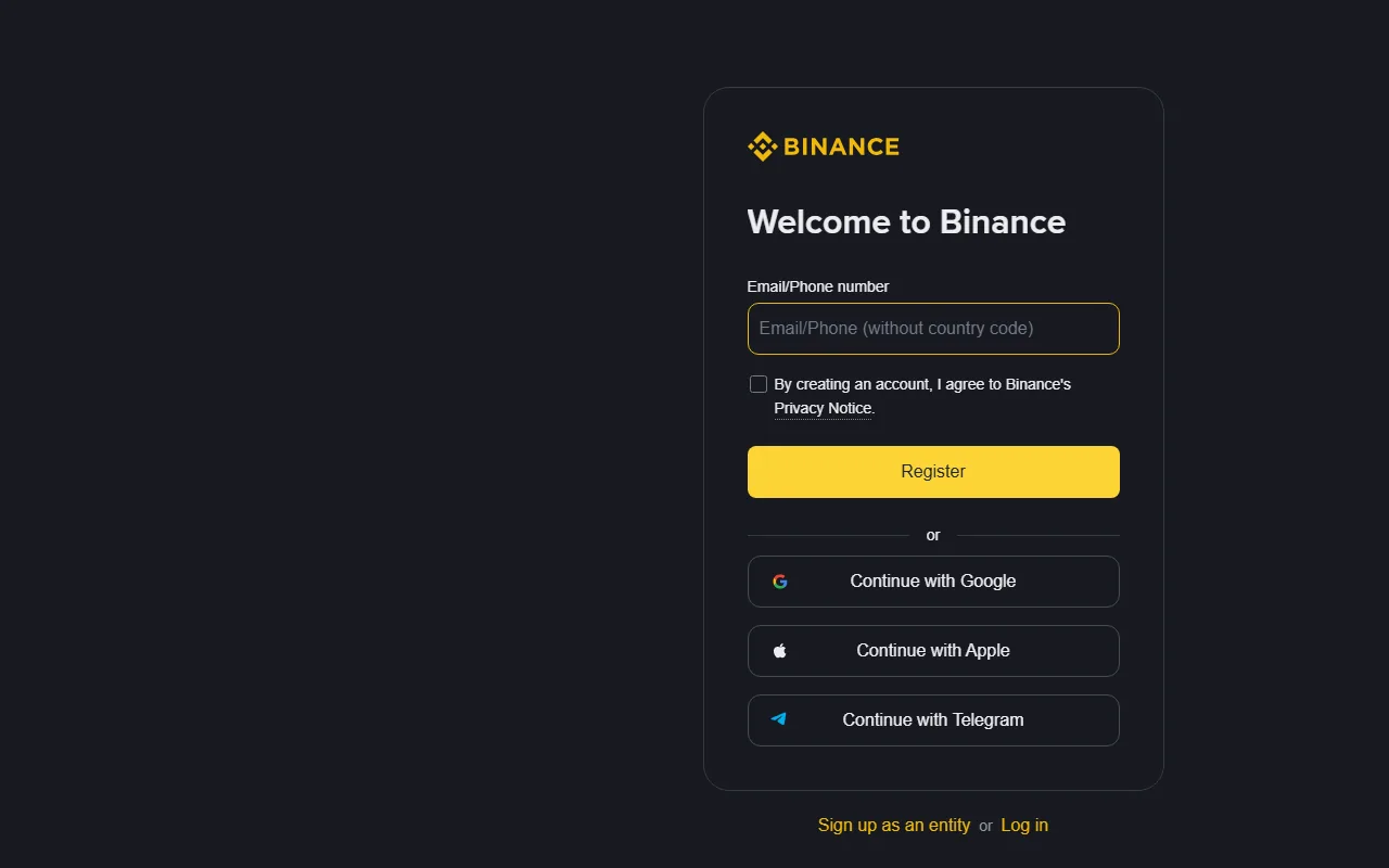 Binance کی حقیقی registration screen، جس میں email یا phone field، privacy checkbox اور Register button دکھائے گئے ہیں