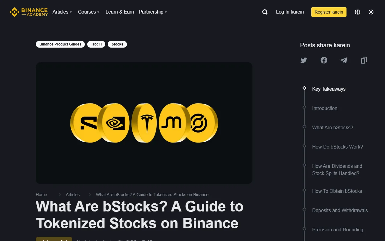 Binance Academy کے حقیقی bStocks guide page کا screenshot، جس میں tokenized stocks کا عنوان اور article contents دکھائے گئے ہیں