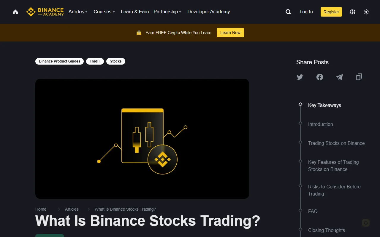 Binance Academy پر What Is Binance Stocks Trading مضمون کا حقیقی صفحہ، جہاں اسے TradFi اور Stocks زمرے میں دکھایا گیا ہے