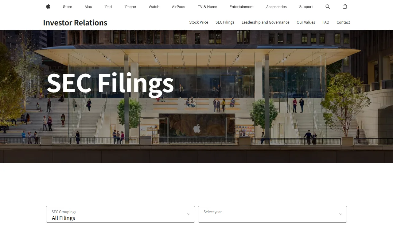 Apple Investor Relations کے حقیقی SEC Filings صفحے کا screenshot؛ یہ filing source پہچاننے کی مثال ہے، Apple خریدنے کی سفارش نہیں