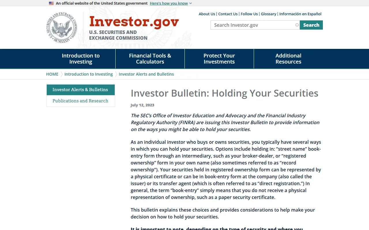 Investor.gov کے حقیقی Holding Your Securities bulletin کا screenshot، جس میں street-name اور registered ownership کی وضاحت دکھائی گئی ہے