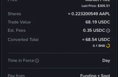 Binance Stocks کی حقیقی order Preview کا محفوظ حصہ، جس میں shares، trade value، estimated fee، converted total اور session دکھائے گئے ہیں
