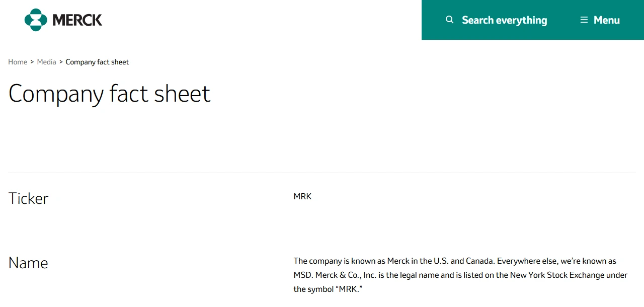 Merck & Co. کے اپنے تعارفی صفحے پر MRK ٹکر، پورا قانونی نام، MSD نام اور نیویارک اسٹاک ایکسچینج میں لسٹنگ کی وضاحت