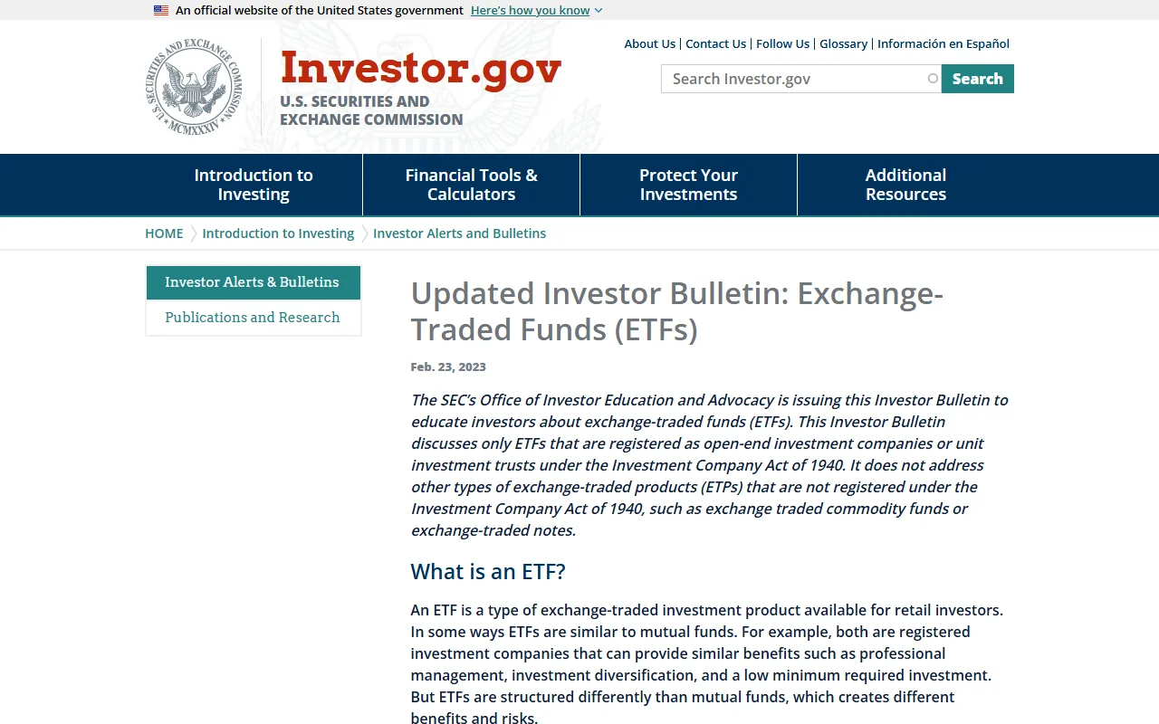 Investor.gov کے حقیقی Updated ETF Investor Bulletin کا screenshot، جس میں ETF کی تعریف اور structure دکھائی گئی ہے
